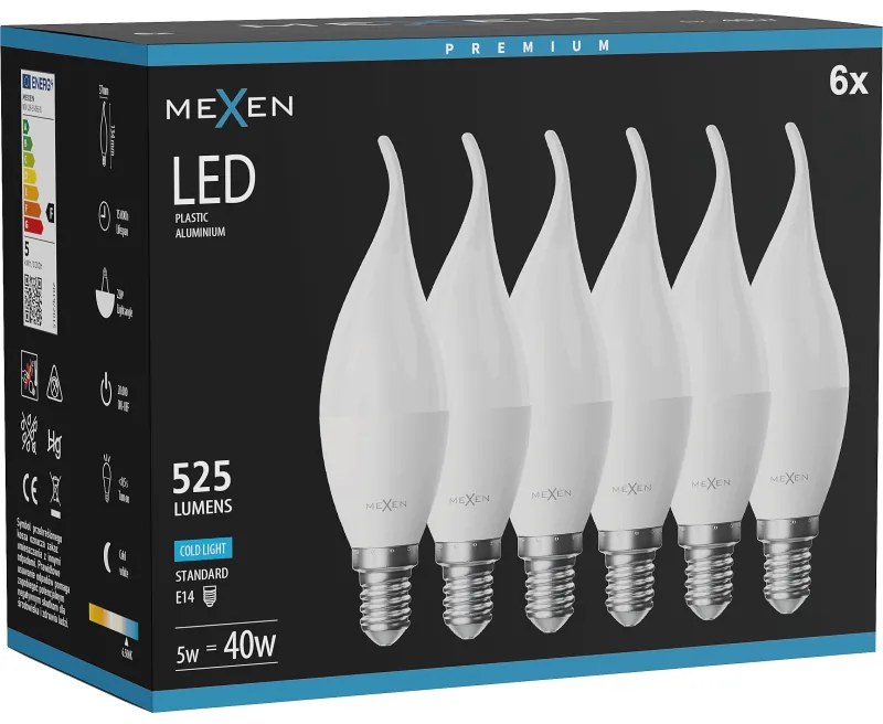 Mexen Nova 6x żarówka LED płomyk E14, C37, 5W, Zimna - 6500K, 525 lm - L106-E14-0565-01x06