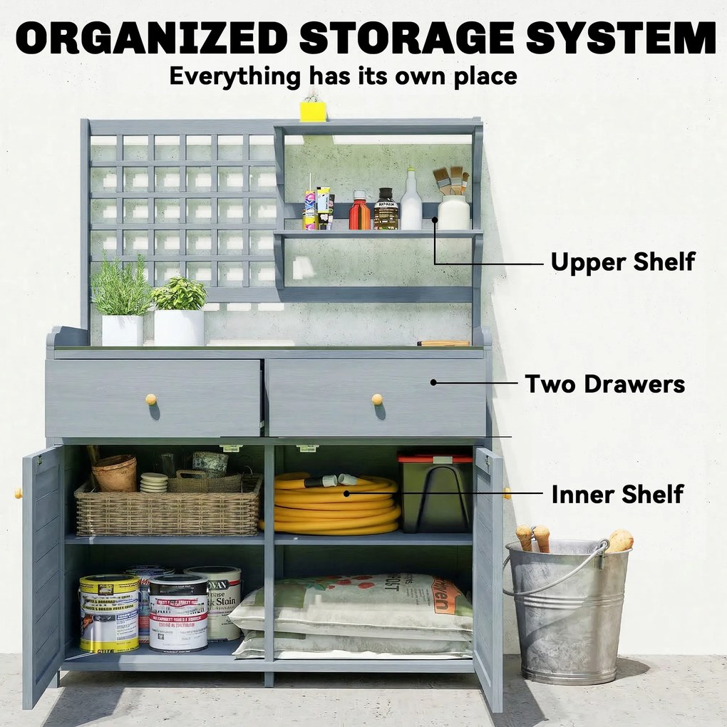 Outsunny Stół do sadzenia z szafką na zewnątrz, drewno, szafka ogrodowa z ocynkowaną powierzchnią roboczą, 2 szuflady, 104x44x140 cm jasnoszary | Aosom PL