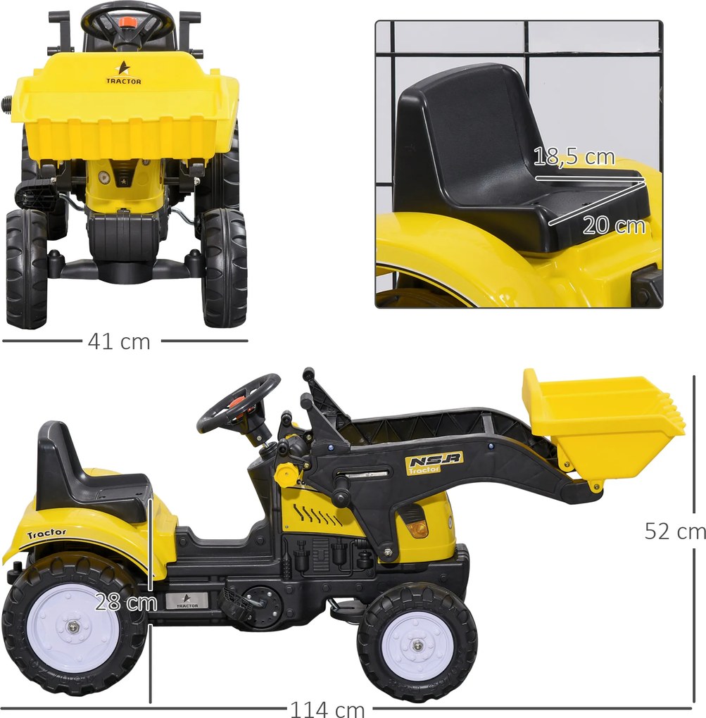 HOMCOM Traktor na pedały dla dzieci Ładowarka kołowa z łopatą Żółty i czarny 114x41x52cm | Aosom PL