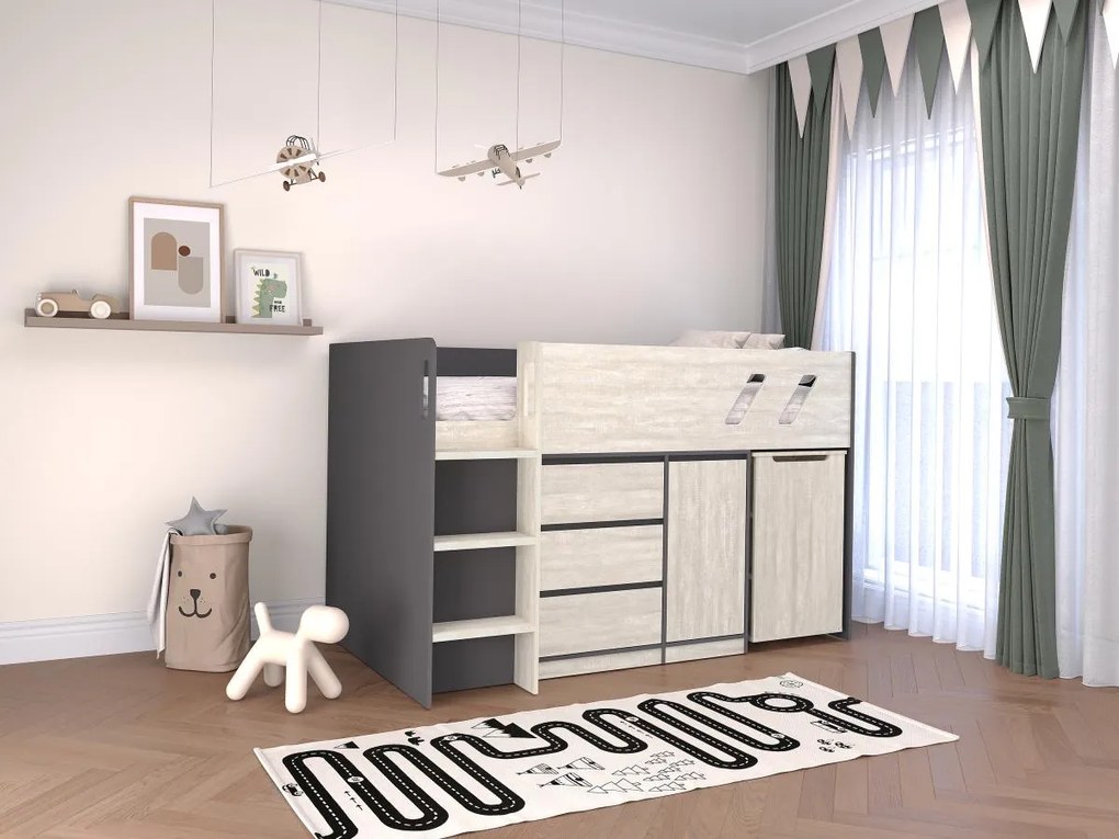Łóżko piętrowe 90 x 190 cm z biurkiem i schowkami - Antracytowy i naturalny poszarzony + Materac - SAGITI