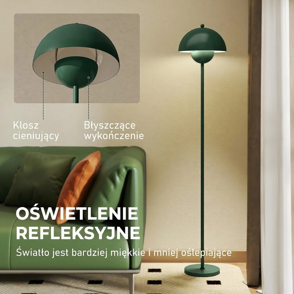 HOMCOM Lampa podłogowa, okrągły klosz, sterowanie nożne, długi kabel, elegancki design, stal, zielona
