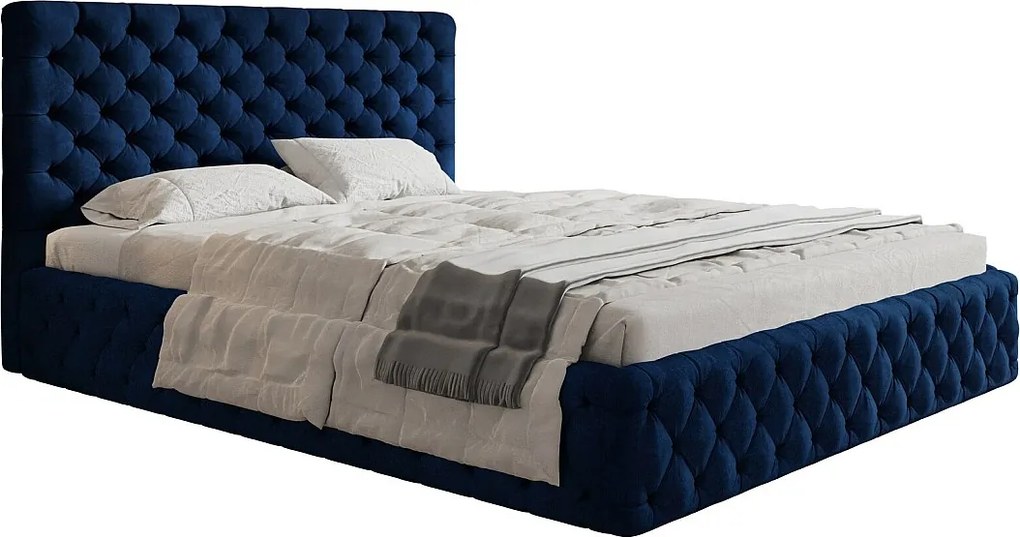 Łóżko 140x200 Furis z pojemnikiem - łóżko w stylu glamour w tkaninie welurowej - pojemnik i stelaż w zestawie - niebieski (Kronos 09)