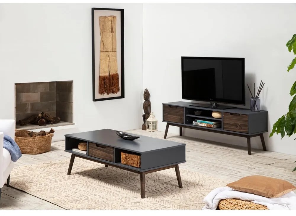 Antracytowa/ciemnobrązowa szafka pod TV z litego drewna sosnowego 140x52,5 cm Nussa – Marckeric