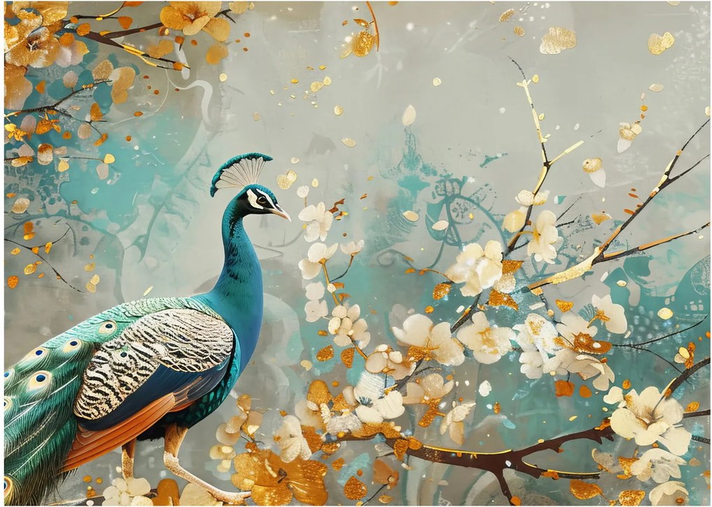Obraz - Paw ze złotą dekoracją (70x50 cm)