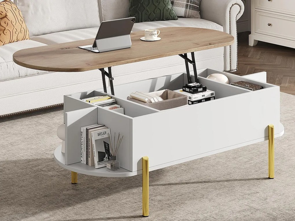 Stolik kawowy podnoszony 120x50x43 cm - z przechowywaniem - Nóżki metalowe - MDF - Biały + Naturalny