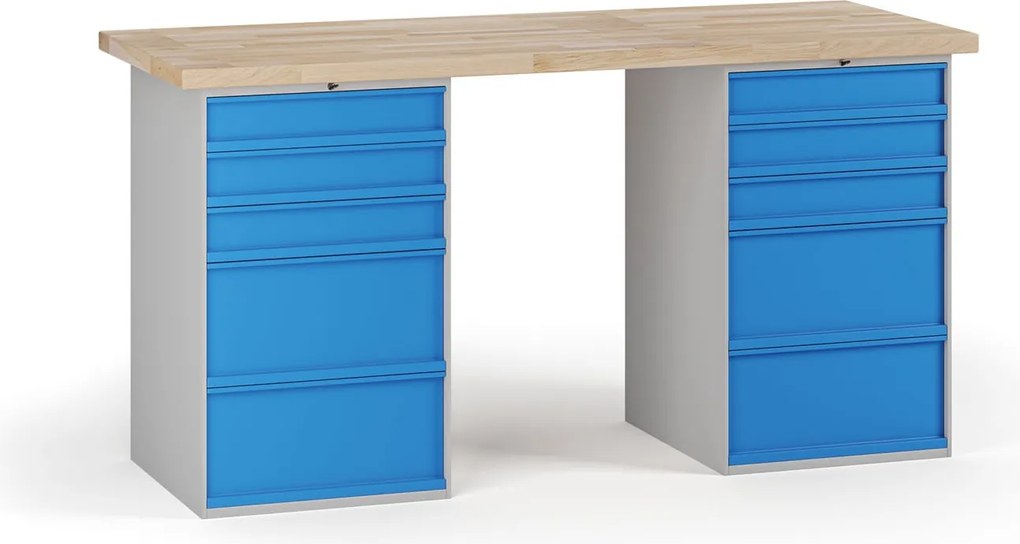 Stół warsztatowy G7, blat bukowy, 2000 x 800 x 840 mm, 2x kontener, 10x szuflada, niebieski