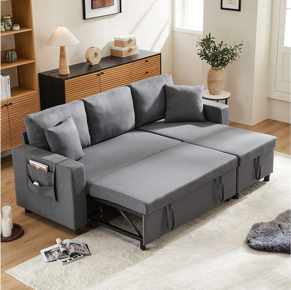 Sofa 3-osobowa z funkcją spania i schowkiem, rozkładana - 216 x 135 x 83 cm - z funkcją spania - Ciemnoszara