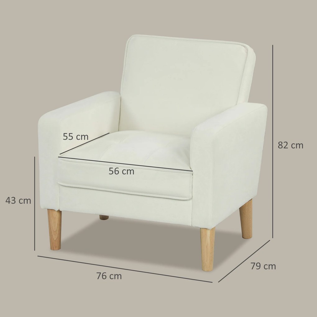 HOMCOM Fotel tapicerowany z podłokietnikami, nachylone oparcie, nogi z drewna kauczukowego, kremowy