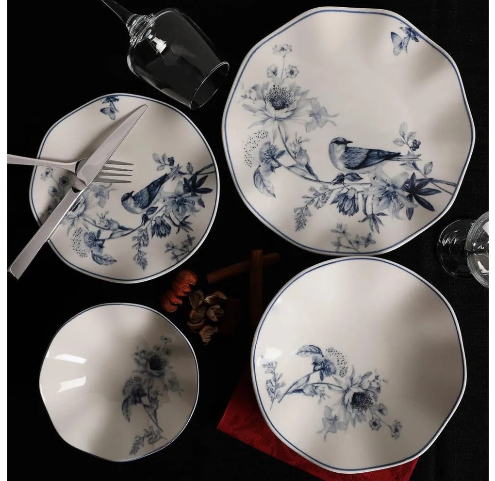 Komplet obiadowy 24 części biały/niebieski/porcelana