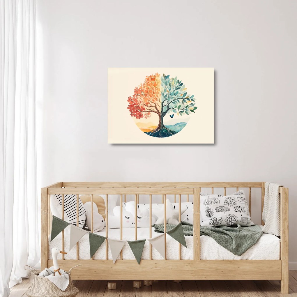Obraz na szkle – Podwójne drzewo z motylem (70x50 cm)
