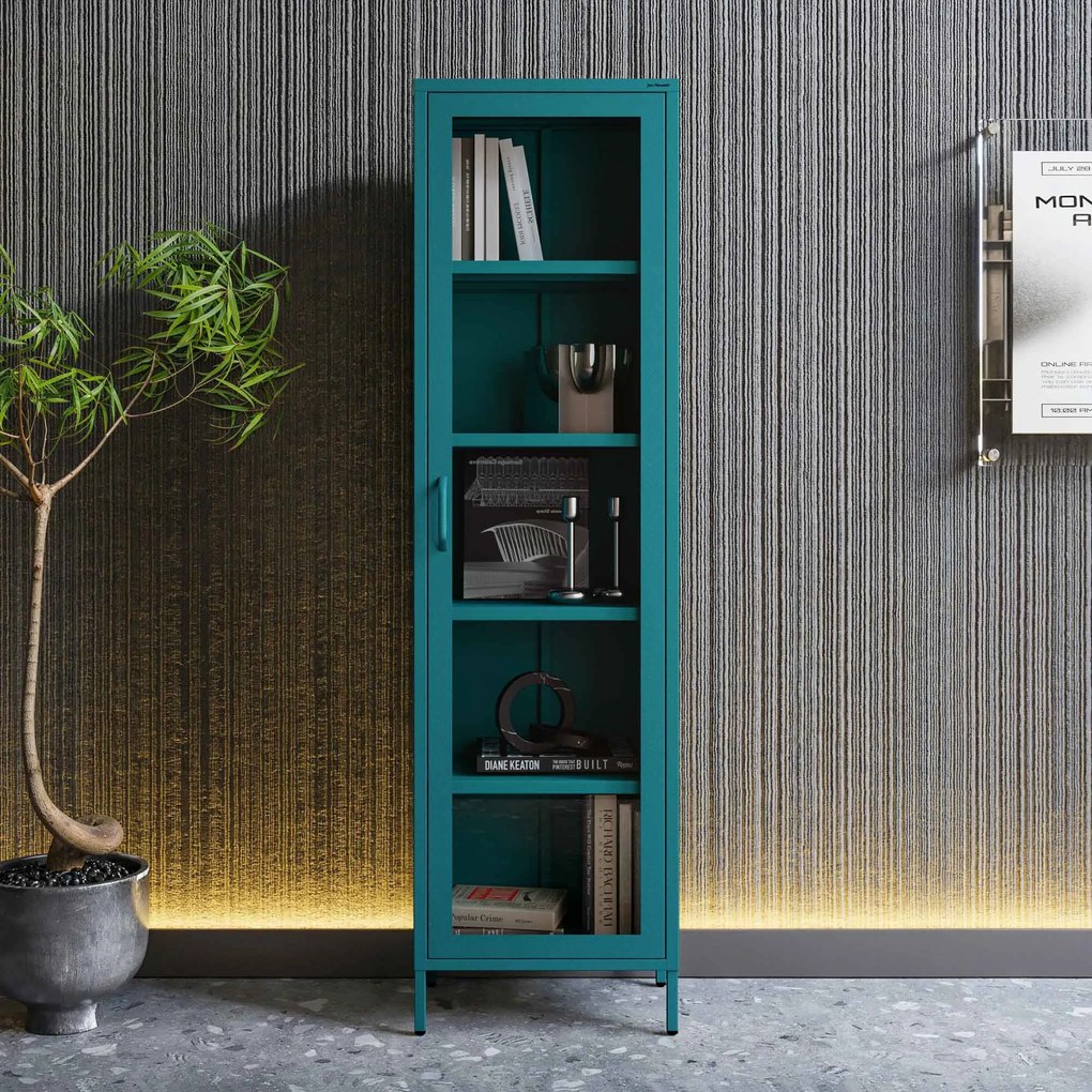 Witryna szklana do salonu wąska morska / turkusowa Modern LUIGI 500 x 1800 x 350 mm