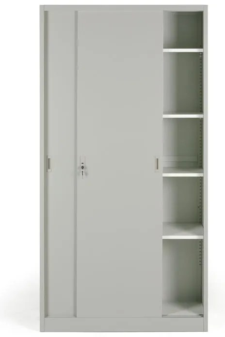 Metalowa szafa z przesuwnymi drzwiami, 4 półki, 1000 x 1990 x 450 mm, jasnoszary