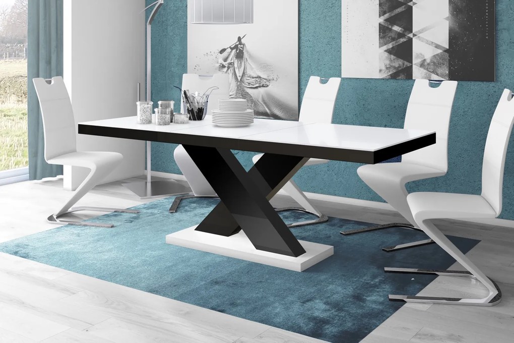 Stół rozkładany w wysokim połysku Xenon z białym blatem na czarnej nodze