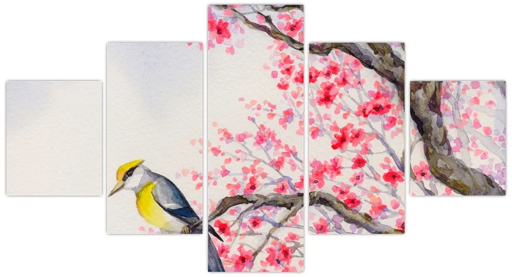 Obraz - ptak na drzewie z czerwonymi kwiatami (125x70 cm)