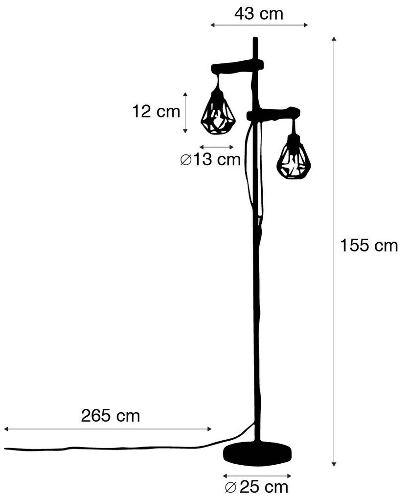 Lampa podłogowa rustykalna czarna z drewnem 2-światłowa - Chon Rustykalny / Vintage Oswietlenie wewnetrzne