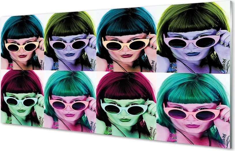 Szklany Panel Kobieta w Okularach i Kolorowych Włosach