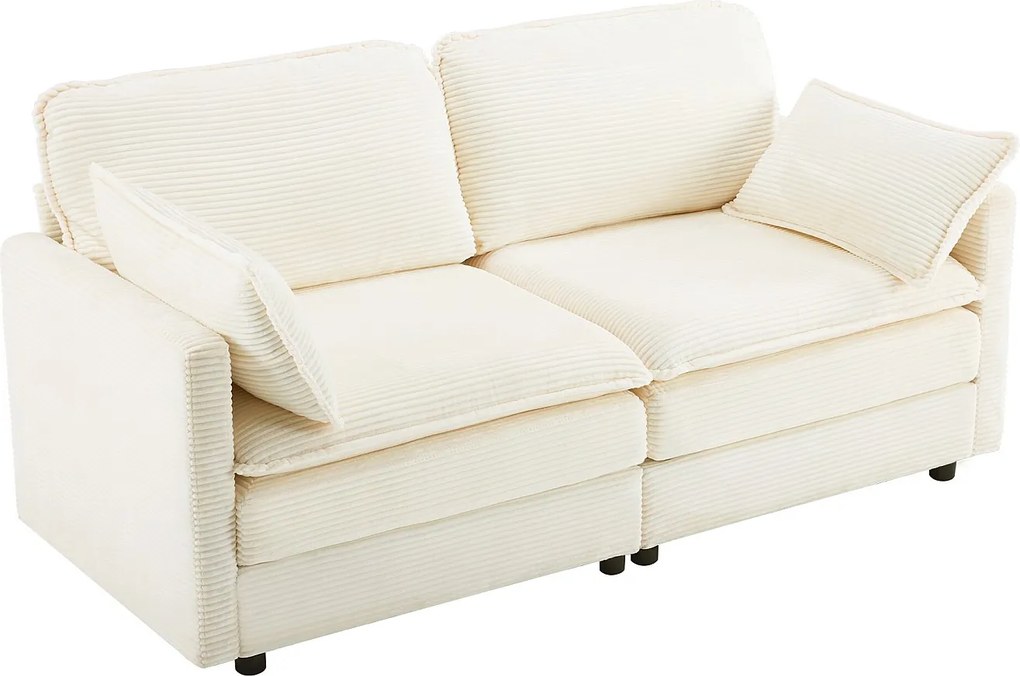 Biała sofa 2-osobowa - Prosta sofa z oparciem i poduszkami - sztruks - do salonu i sypialni