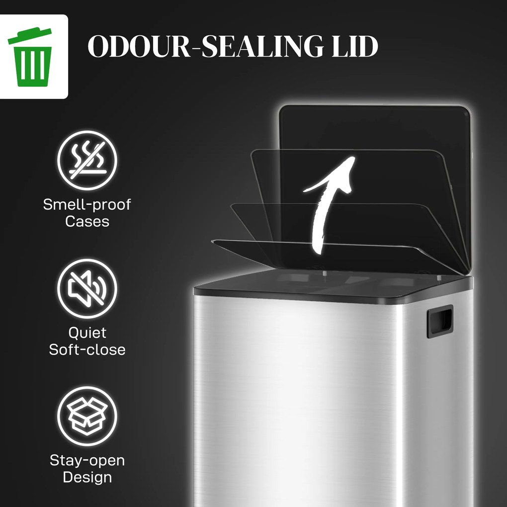 HOMCOM Kosz na śmieci z 2x30 l komorami, pokrywą Soft-Close, stal nierdzewna, srebrny | Aosom PL