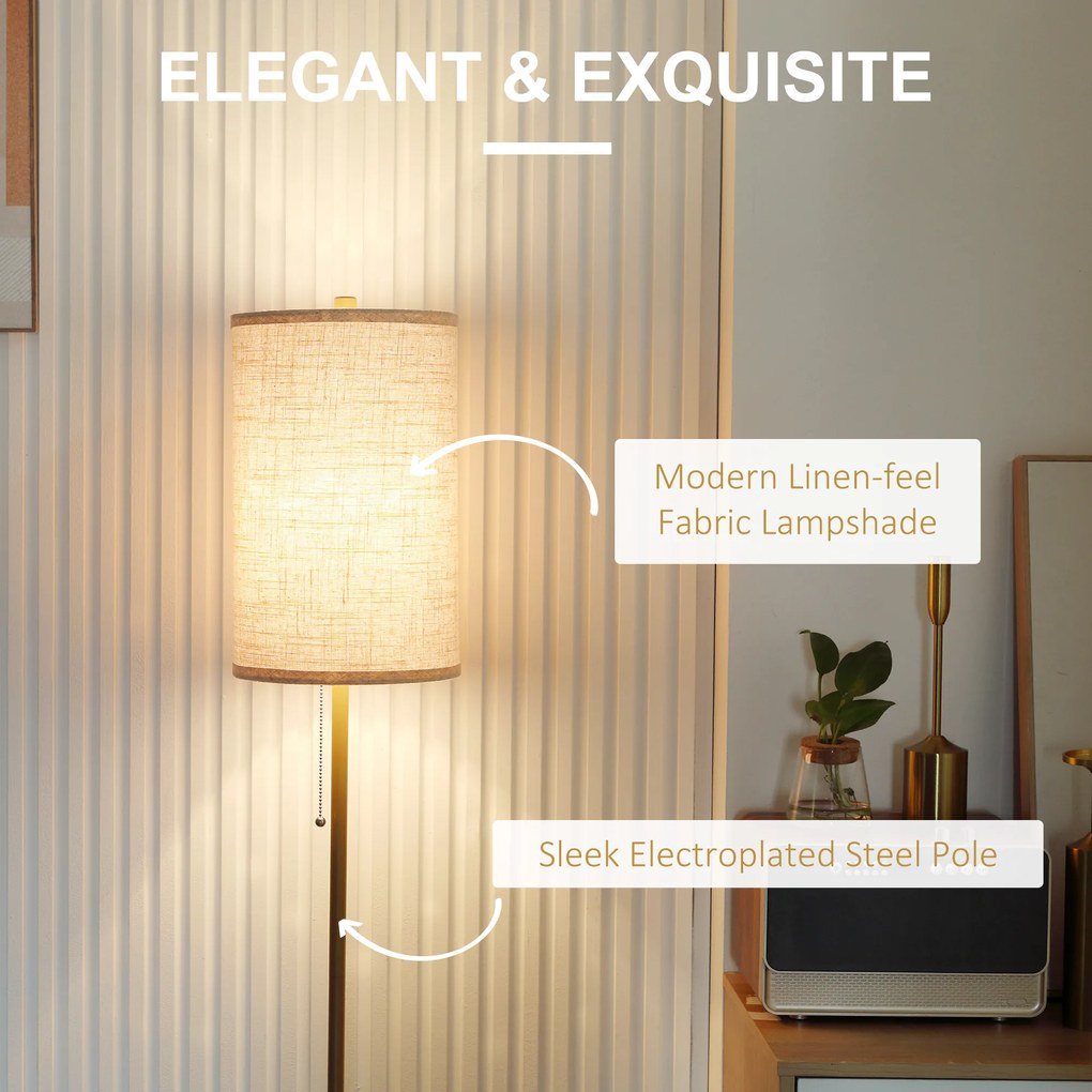 HOMCOM Lampa Stojąca, Elegancka Lampa Podłogowa ze Stali z Abażurem z Tkaniny, Lampa do Salonu, Przełącznik na Łańcuszku, Złoto+Biały