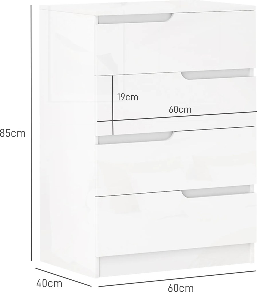 HOMCOM Nowoczesna Komoda, Szafa z 4 szufladami, Płyta wiórowa, Biała, Zabezpieczenie przeciwwypadowe, Podkładki, Biały Połysk