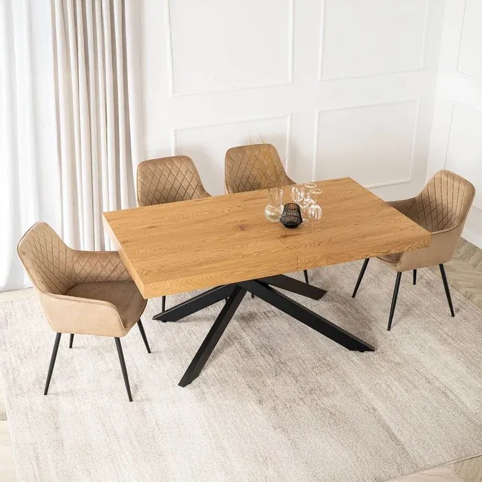 Zestaw Stół Prostokątny Rozkładany HAMPTON 160-240 cm Dąb/Czarny i 4 Krzesła Tapicerowane BRESSO Beżowe