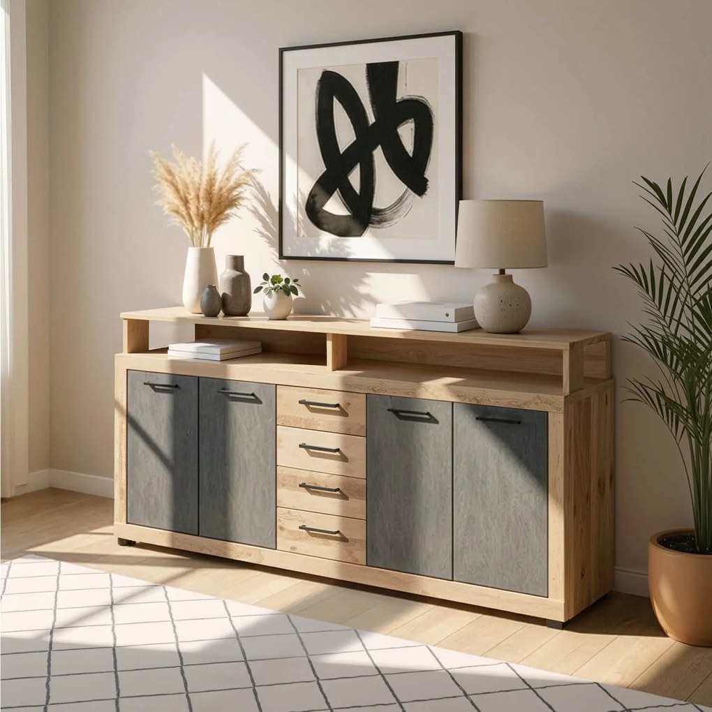 Komoda Czterodrzwiowa BLAGO 190 cm Surowy Dąb/Czarny Loft