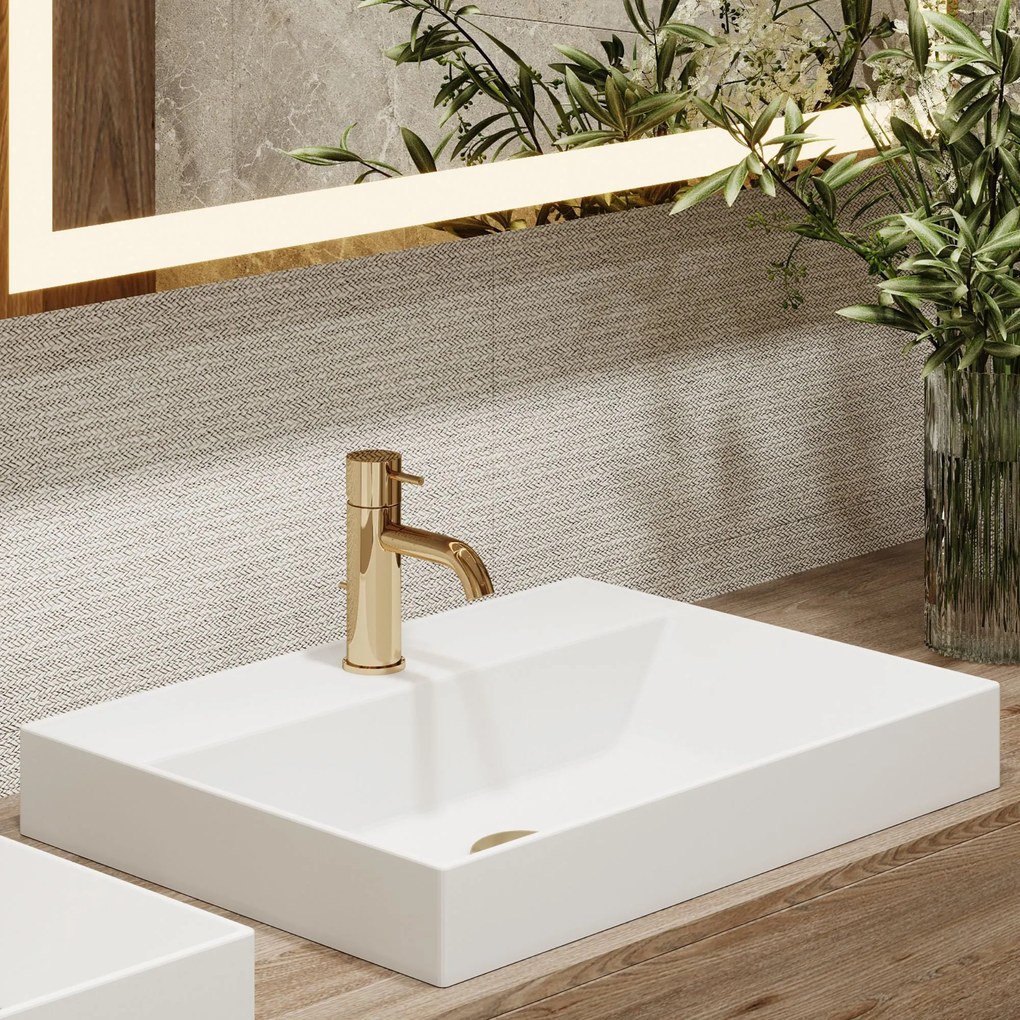 Umywalka z konglomeratu blatowa prostokątna biała NAVI | Różne rozmiary | Z otworem na baterię lub bez : Otwory na baterię - Jeden otwór, Rozmiar - 50 x 45 cm