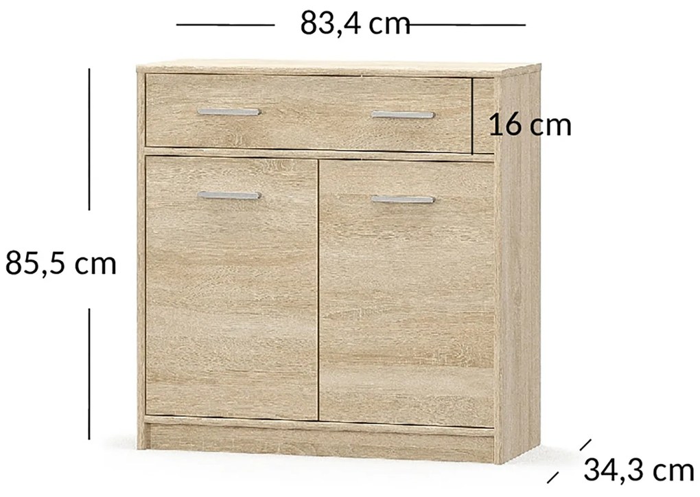 Komoda Dwudrzwiowa z Szufladą Wąska Drewniana do Salonu DEW 83 cm Dąb sonoma Nowoczesna