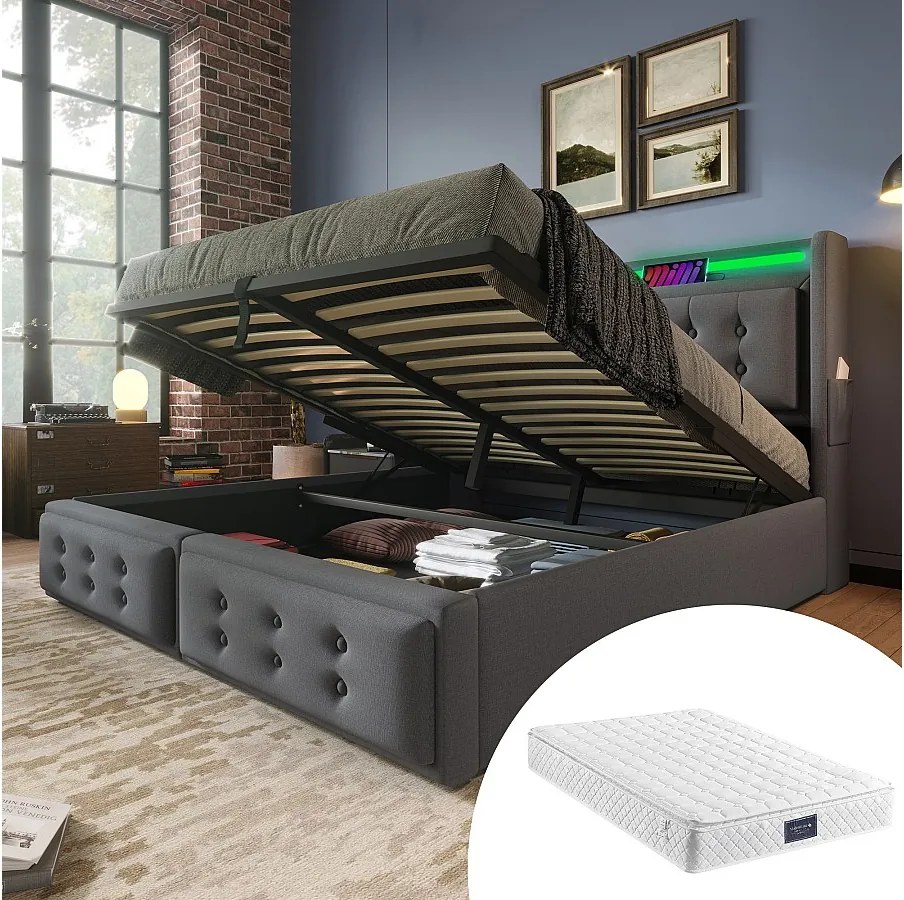 Łóżko tapicerowane dwuosobowe ze schowkiem - 160 x 200 cm - Materac + Leds + Zagłówek z USB - Drewno lite i bawełna - Szary