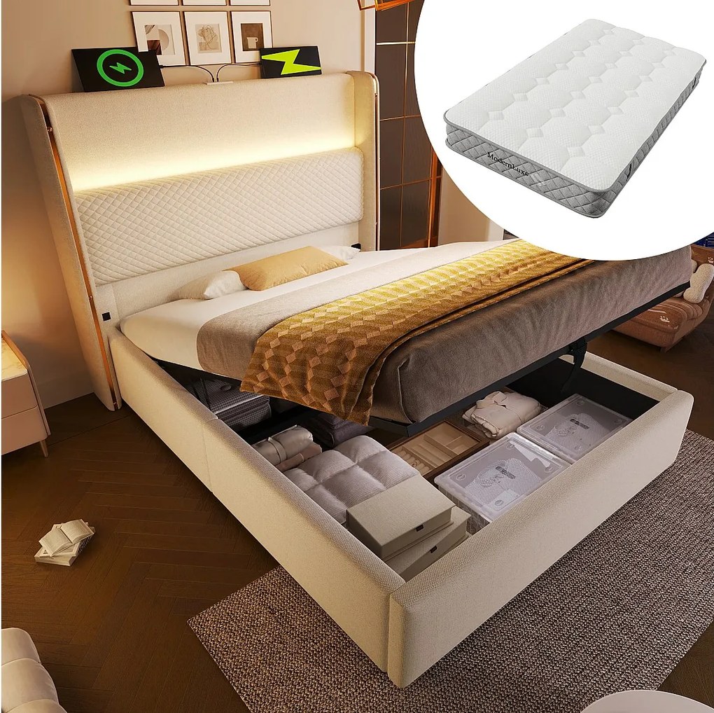 Łóżko dziecięce z pojemnikiem 90x200 cm z portem USB i LED, zagłówek wyściełany - len beżowy (Z materacem)