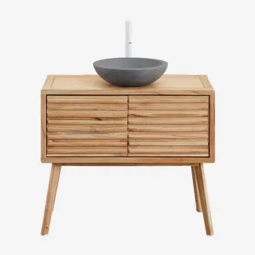 Zestaw Mebli Łazienkowych Z Drewna Deleyna Naturalna & Okrągły Szary Cement Ø40 Cm Tarsis & Bezlusterkowiec & - Sklum