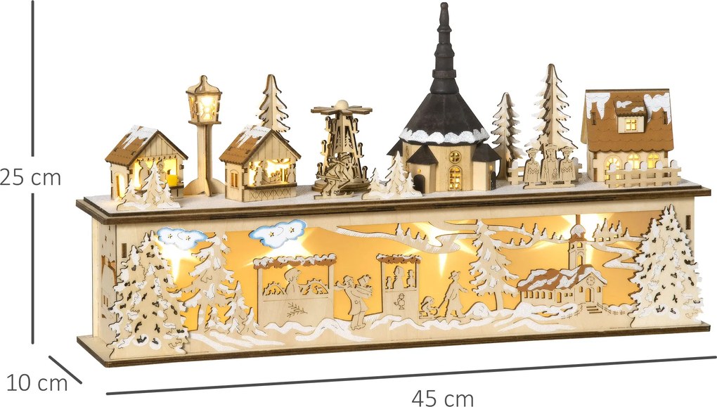 HOMCOM Dekoracja Bożonarodzeniowa, zasnowione miasteczko, 10 diod LED, ciepłe światło, sklejka, 45 x 10 x 25 cm