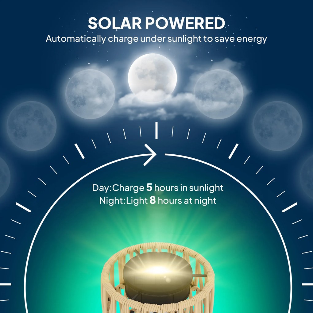 Outsunny Lampa Solarna Rattan z Czujnikiem Światła 3 Światła Automatyczna w Stylu Boho IP44 Wodoodporna