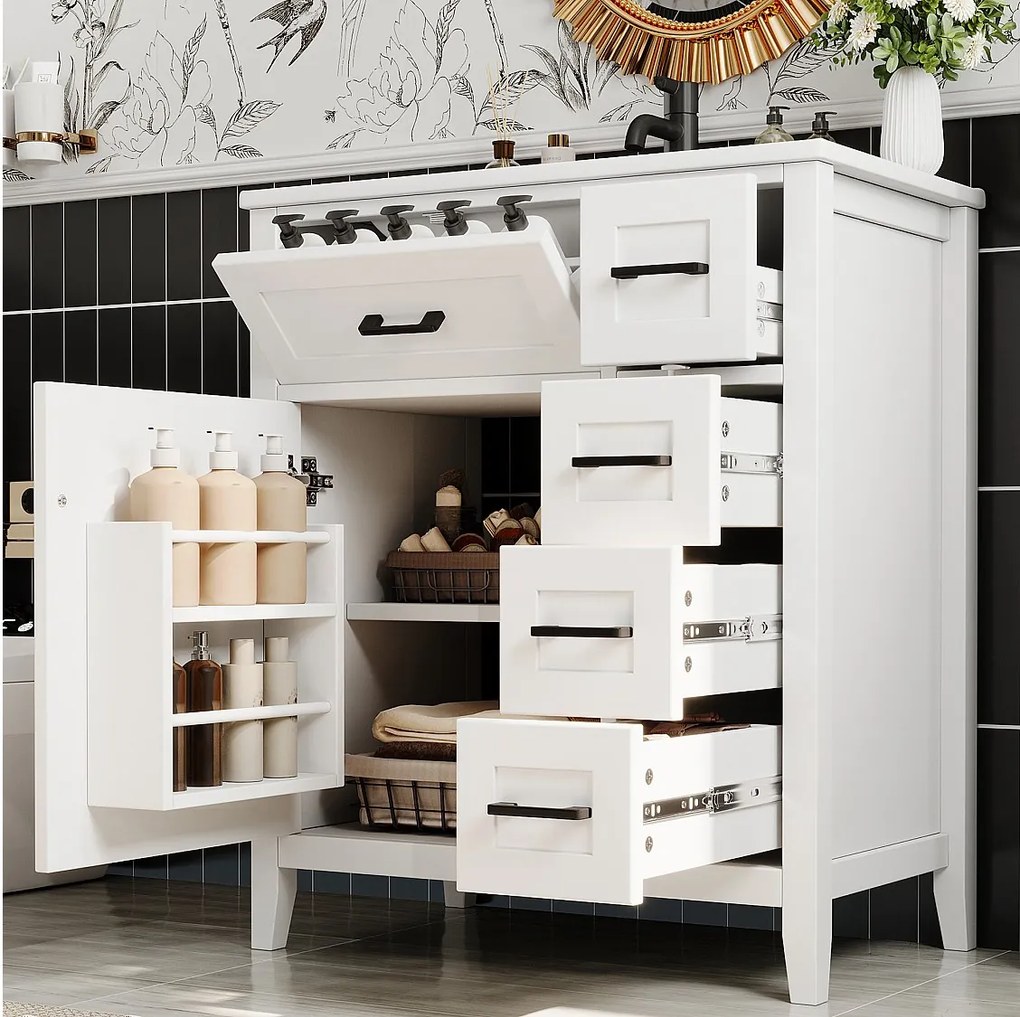 Meble łazienkowe na nogach 76x46x90 cm - Zintegrowana ceramiczna umywalka - 5 szuflad i 1 drzwi - Lakierowane wykończenie - MDF - Biały