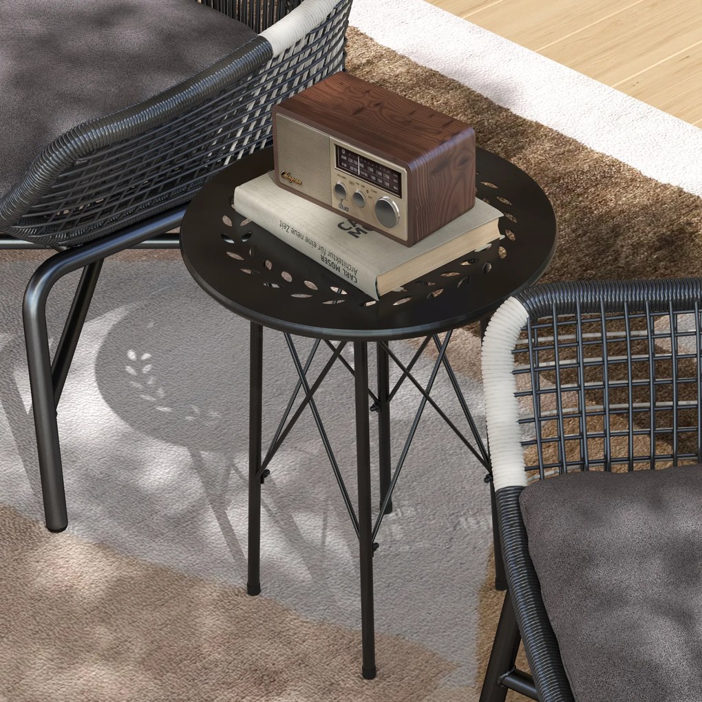 Stolik Ogrodowy Outsunny, Okrągły Stolik na Taras z Wzorem Kwiatowym, Stal, Stolik Bistro Do Wewnątrz i Na Zewnątrz, Czarny