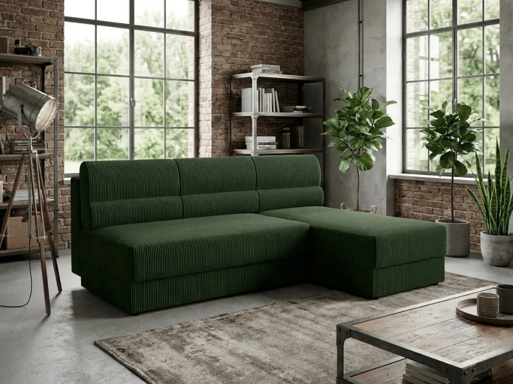 Rozkładana obustronna sofa narożna do L TAVERO 201x140 cm, ciemnozielona