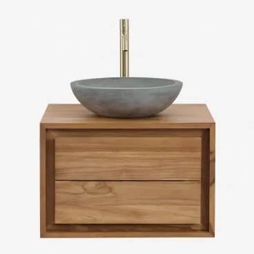 Zestaw Wiszących Mebli Łazienkowych Z Drewna Tekowego Jabari Drewno Tekowe & Okrągły Szary Cement Ø40 Cm - Sklum