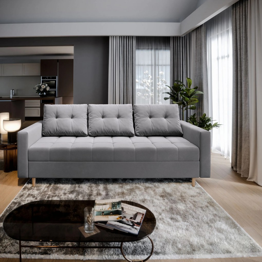 Masseno Sofa MILO z funkcją spania i pojemnikiem na pościel, Rozkładana sofa - Jasnoszary, PAROS 05