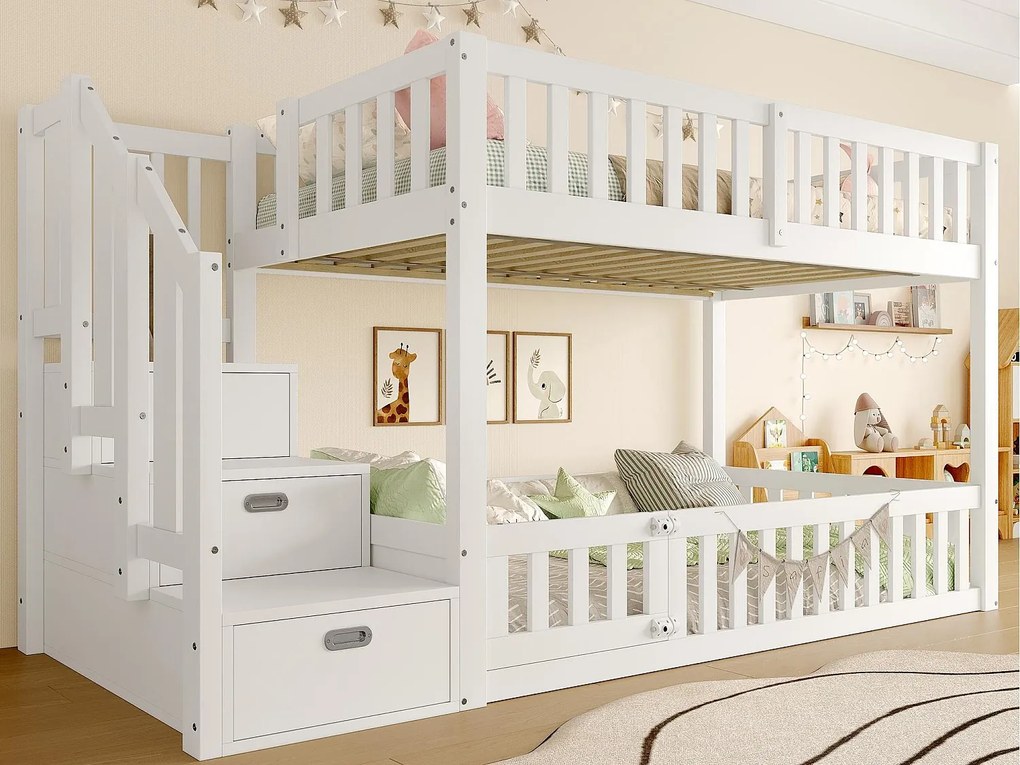 Łóżko na antresoli 90x200 cm - Z drabinką z miejscem do przechowywania - Z barierką zabezpieczającą - MDF - Biały