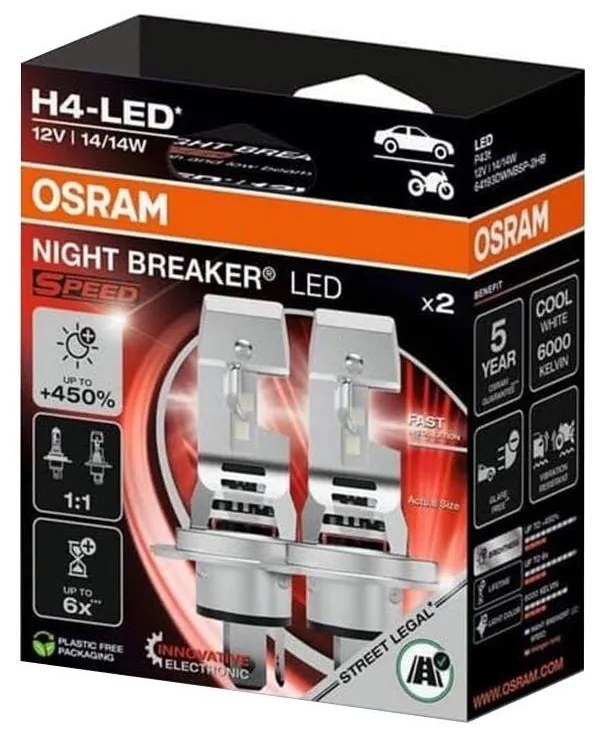Zestaw 2x żarówek LED NIGHT BREAKER SPEED H4 P43T/14W/12V 6000K - Osram
