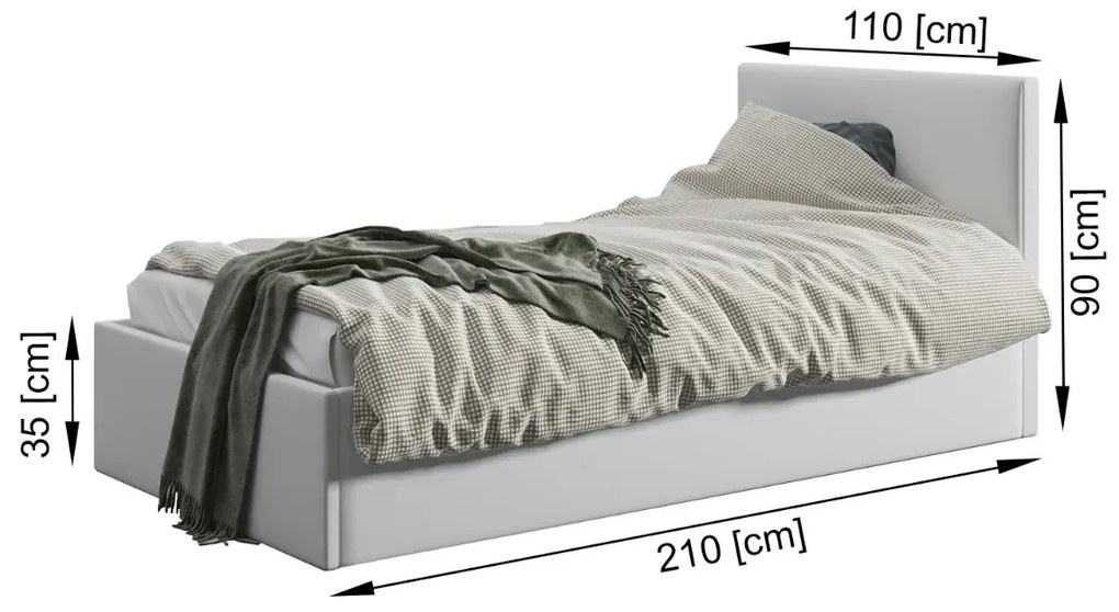 Łóżko młodzieżowe VIVO 100x200 szare z tapicerowanym panelem i pojemnikiem na pościel MKPOL