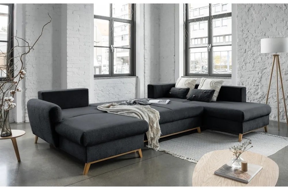 Ciemnoszara rozkładana sofa w kształcie litery "U" Miuform Scandic Lagom, prawostronna