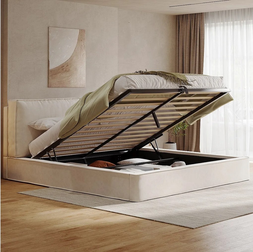 Łóżko tapicerowane dwuosobowe ze schowkiem - 180 x 200 cm - z hydraulicznym schowkiem - z podstawą z listew i zagłówkiem - aksamitne - beżowe