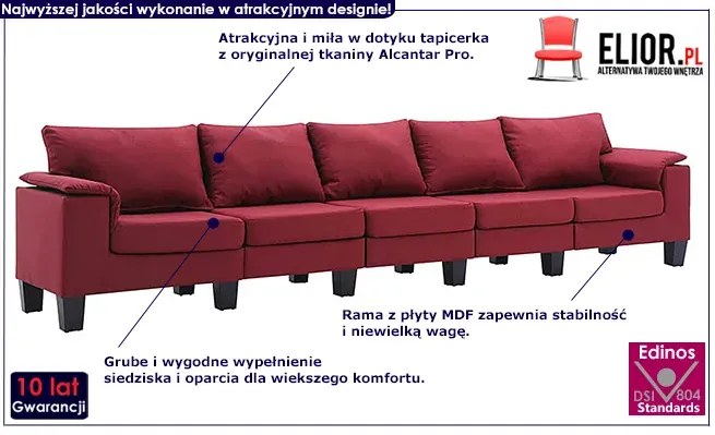 Pięcioosobowa ekskluzywna czerwona sofa - Ekilore 5Q