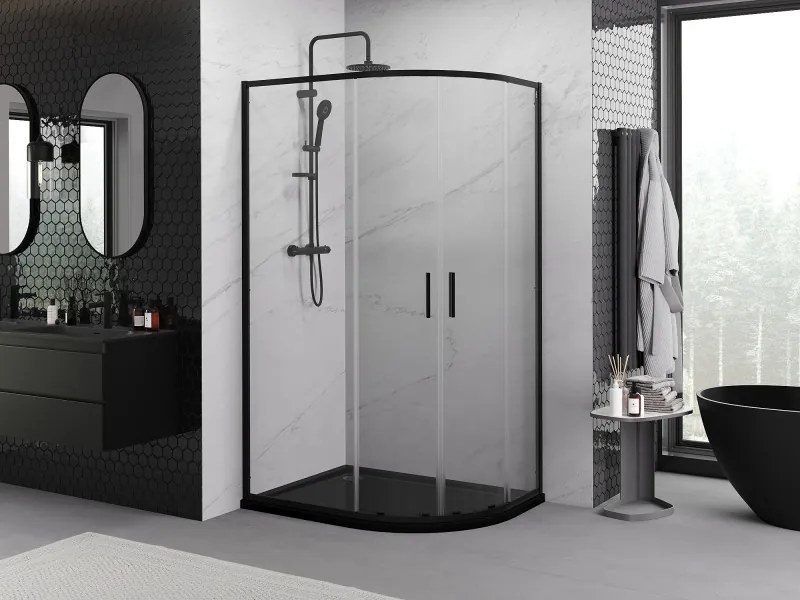 Mexen Exo-S Duo kabina prysznicowa półokrągła asymetryczna rozsuwana 90 x 80 cm, transparent, czarna - 8132-090-080-70-00