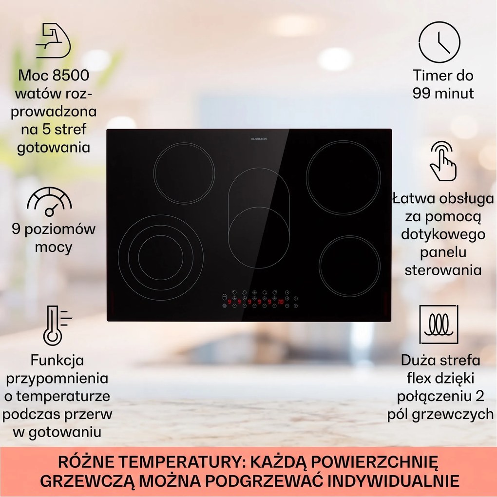 Klarstein Virtuosa Roast 75cm Płyta szklano-ceramiczna 5 Strefy gotowania Czarny