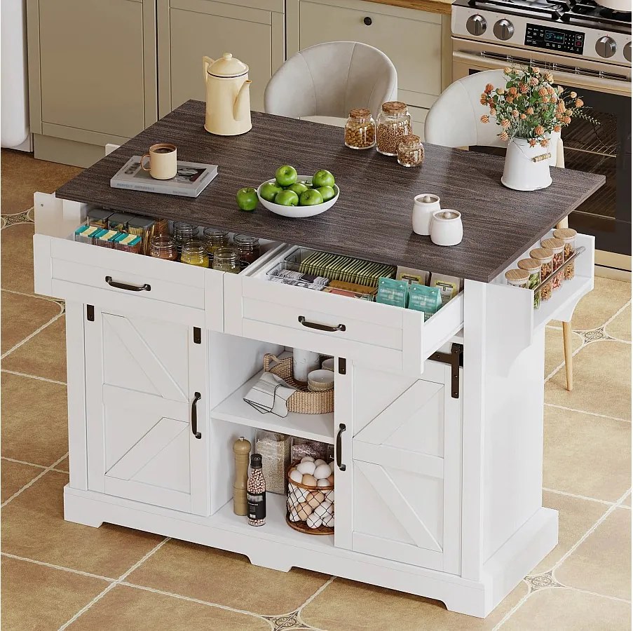 Wyspa kuchenna na kółkach - 120 x 45/70 x 91 cm - z blatem składanym + 2 drzwi przesuwnych + 2 szuflady - MDF - biała