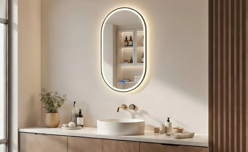 Owalne lustro z podświetleniem LED w czarnej aluminiowej ramie