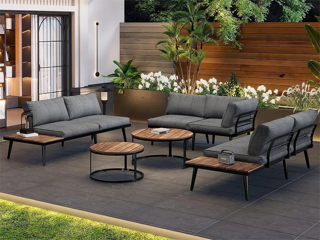 Modułowy salon ogrodowy z żelaza ocynkowanego i drewna akacjowego - 6 osób - 2 stoły w stylu gniazdowym - Szary