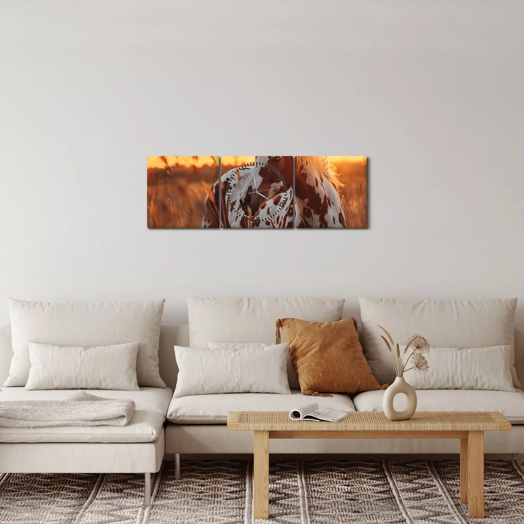 Obraz - Koń o zachodzie słońca (z zegarem) (90x30 cm)